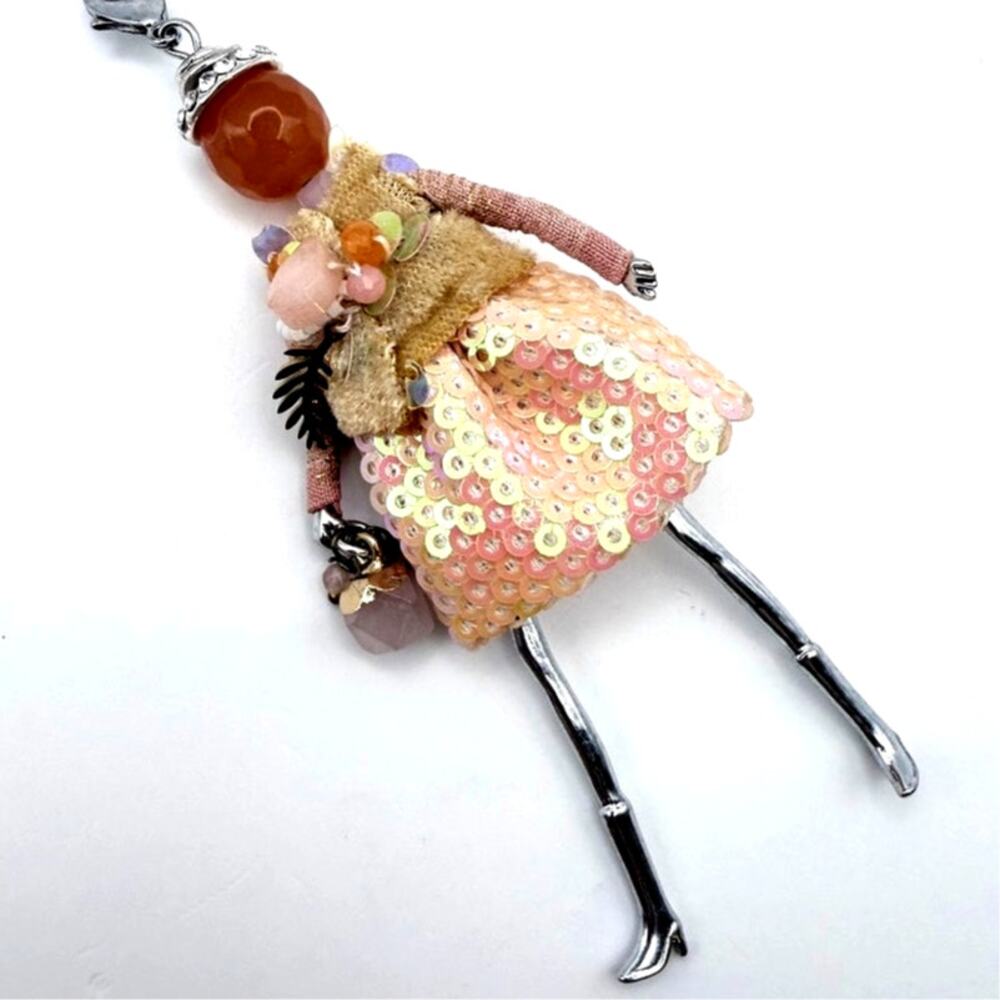 CHRISTY PARIS CRS Pink Fashion Doll Pendant Necklace Sequins Gemstone Handbag